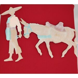 Vintage Metal Wall Hanging Southwest Pastel Decor Mexican Man with Mule